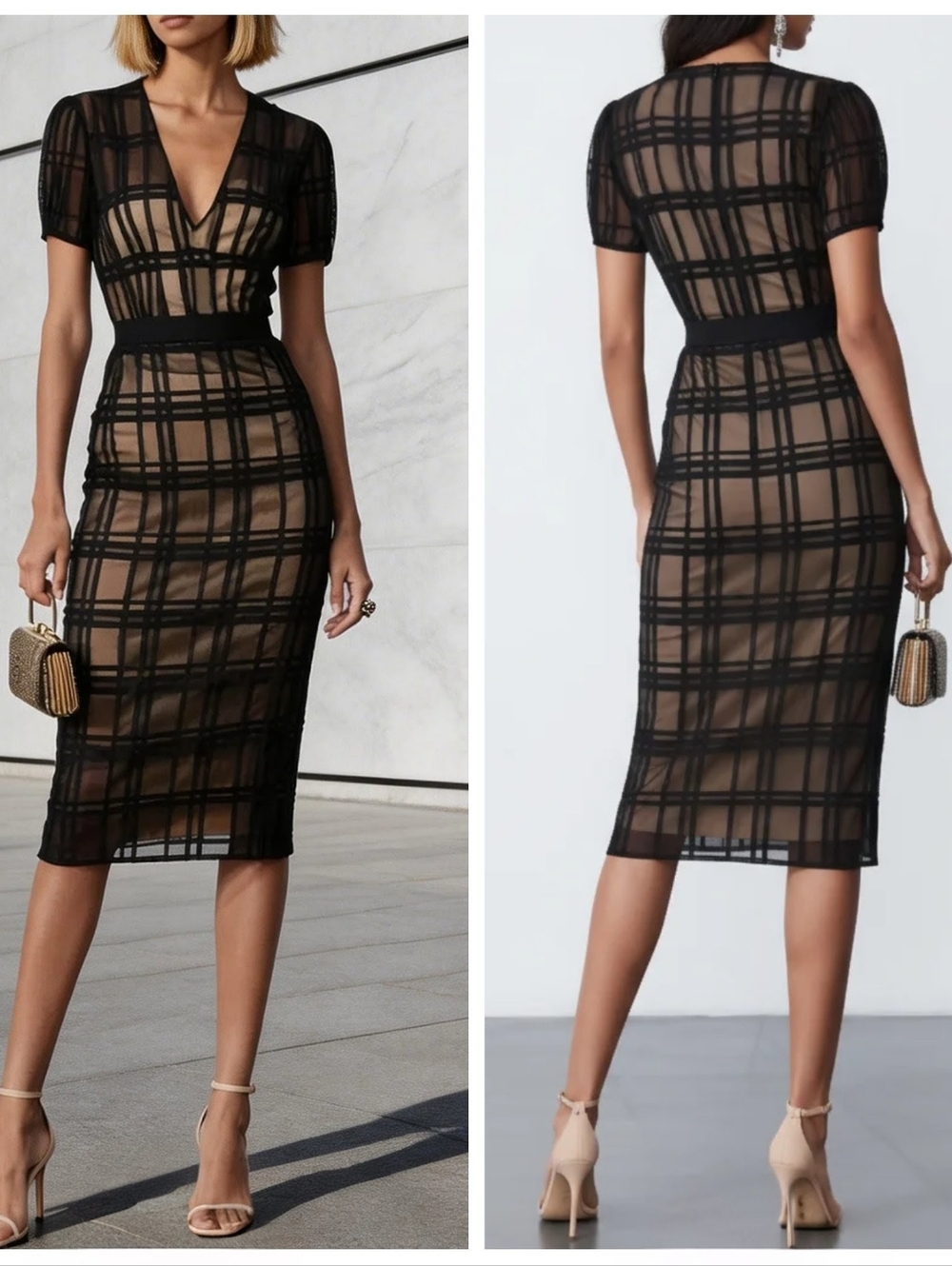 NWT FEHAUTE Black Organza Plaid Classic V Neck Short Sleeve Sheath Women's 4 NEW